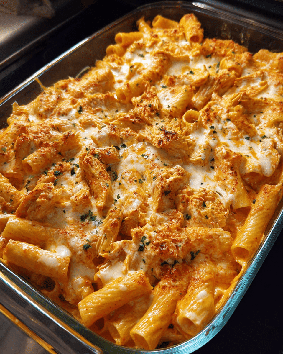 Creamy baked buffalo chicken pasta topped with crispy breadcrumbs