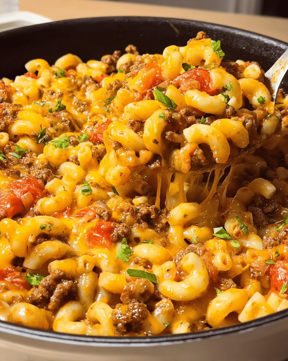Cheesy baked cheeseburger casserole with macaroni and ground beef in a skillet