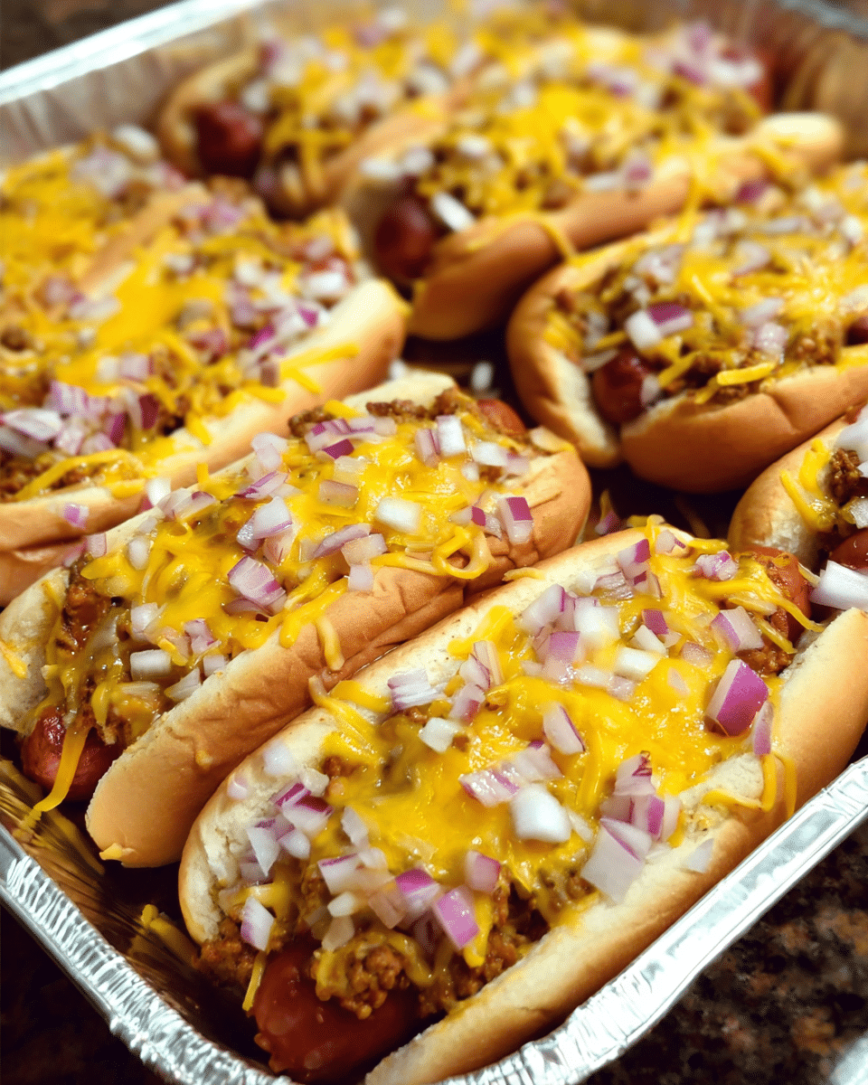 Baked chili cheese dogs casserole fresh from the oven with melted cheddar cheese