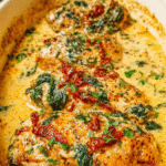 Creamy baked chicken breasts with spinach and sun-dried tomatoes
