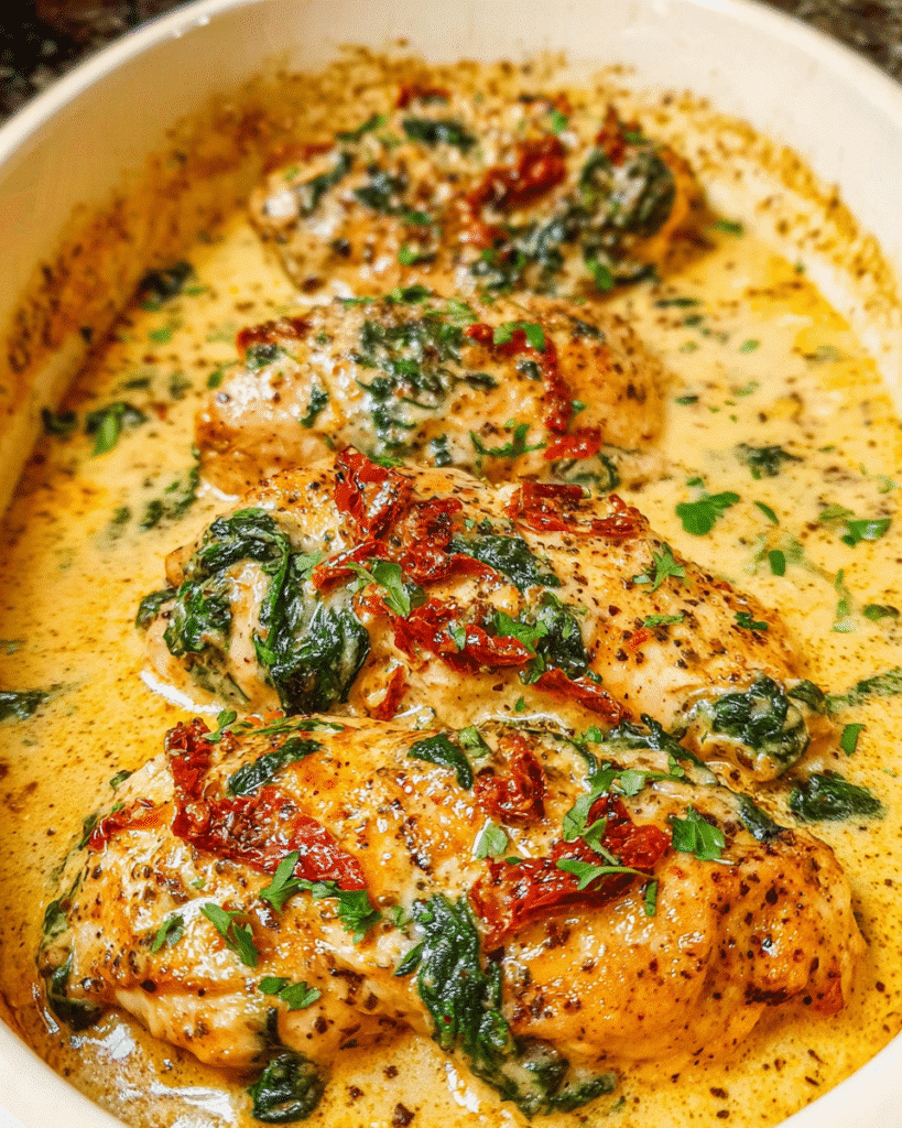 Creamy baked chicken breasts with spinach and sun-dried tomatoes
