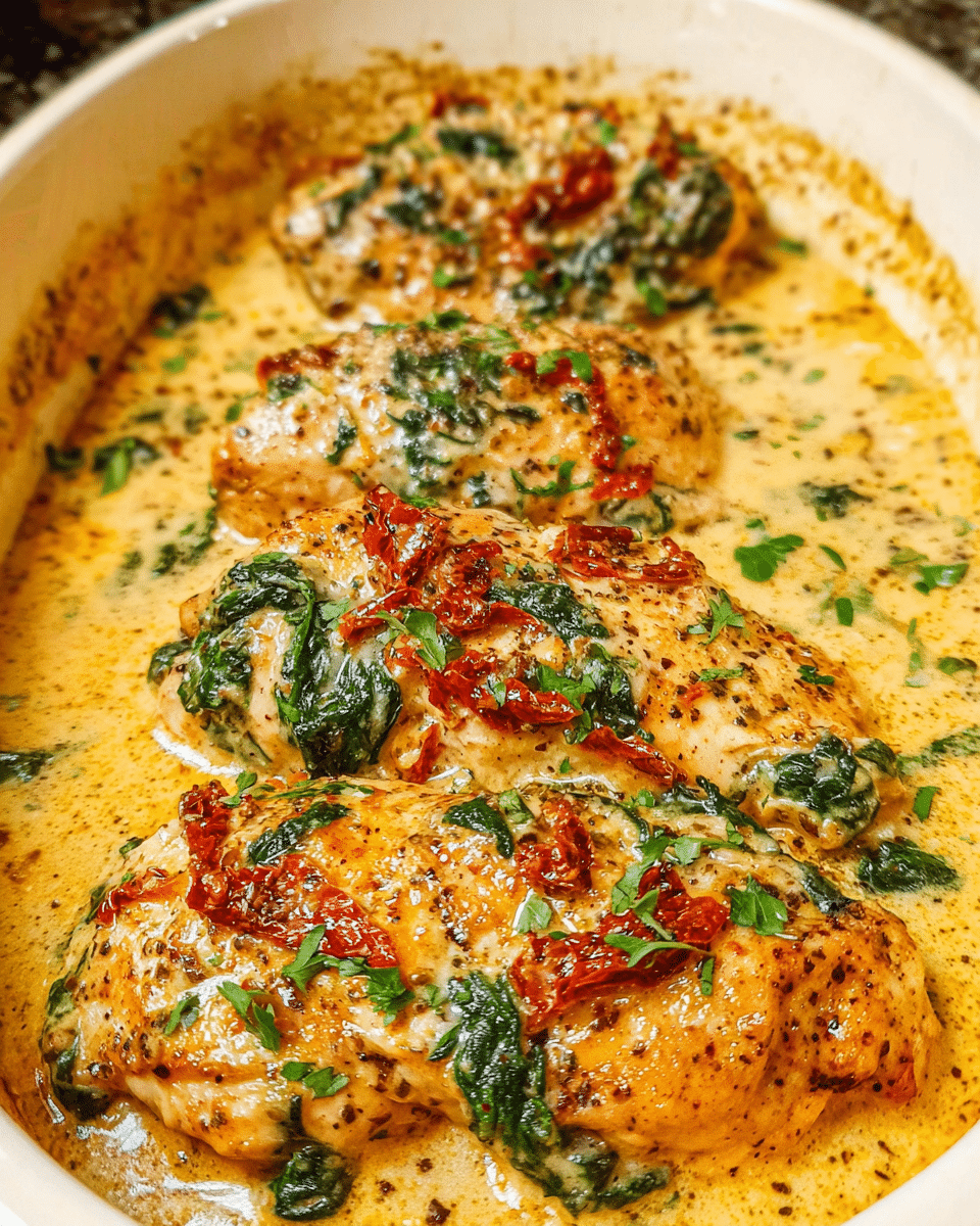 Creamy baked chicken breasts with spinach and sun-dried tomatoes
