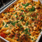 baked creamy chicken pasta fresh from oven with melted cheese