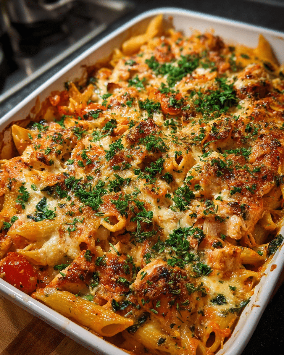 baked creamy chicken pasta fresh from oven with melted cheese