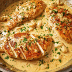 Creamy garlic chicken in a skillet with rich sauce and parsley garnish