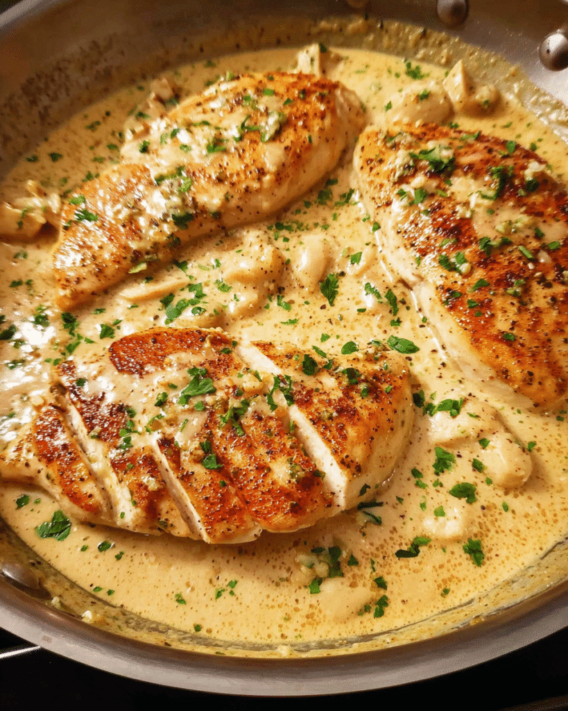 Creamy garlic chicken in a skillet with rich sauce and parsley garnish