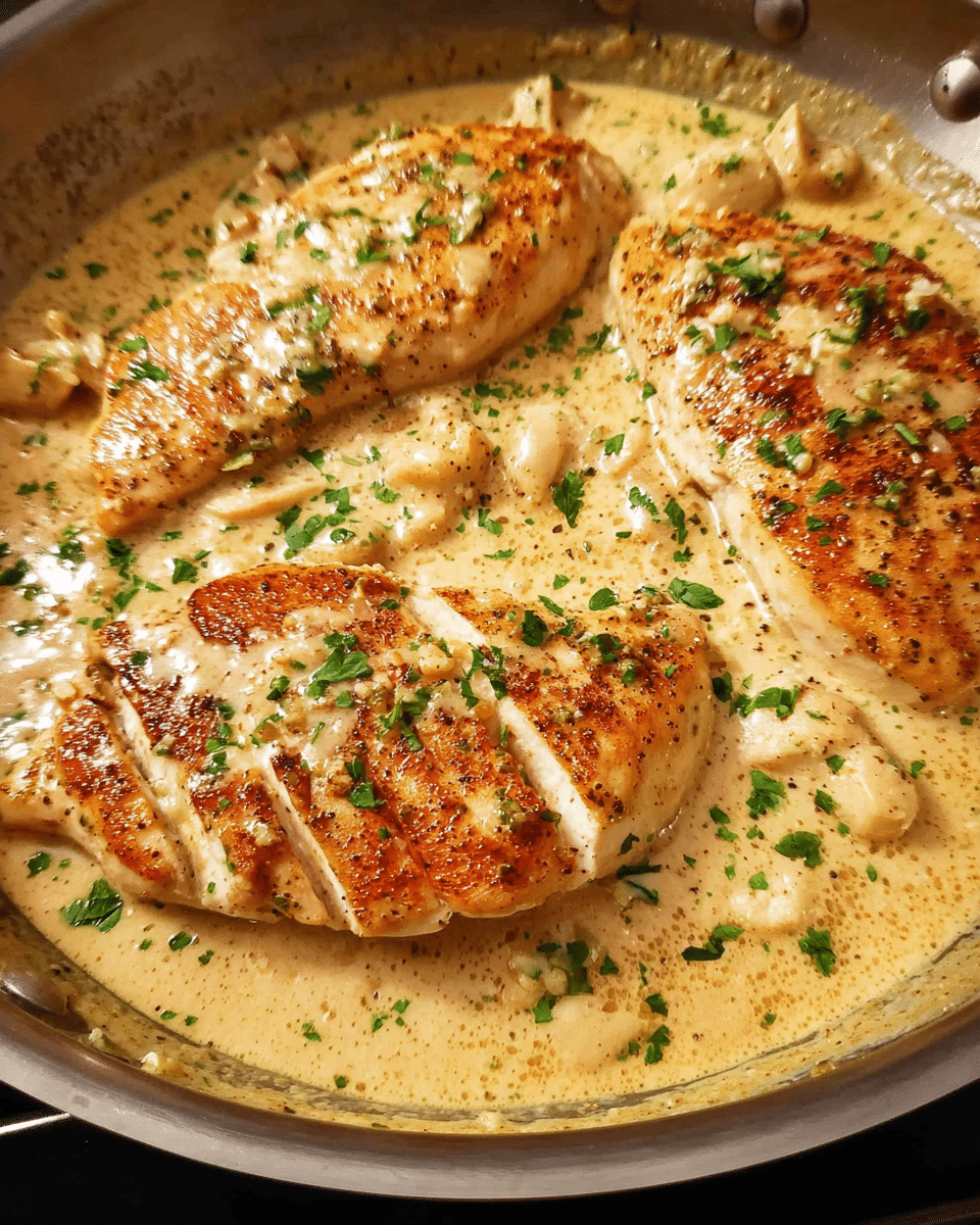 Creamy garlic chicken in a skillet with rich sauce and parsley garnish
