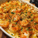 baked creamy shrimp casserole with golden breadcrumb topping
