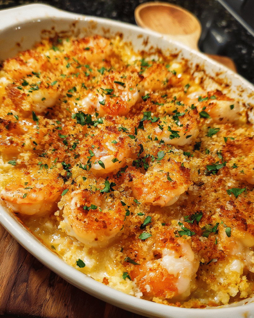 baked creamy shrimp casserole with golden breadcrumb topping