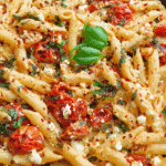 Creamy baked feta pasta with roasted cherry tomatoes and fresh basil