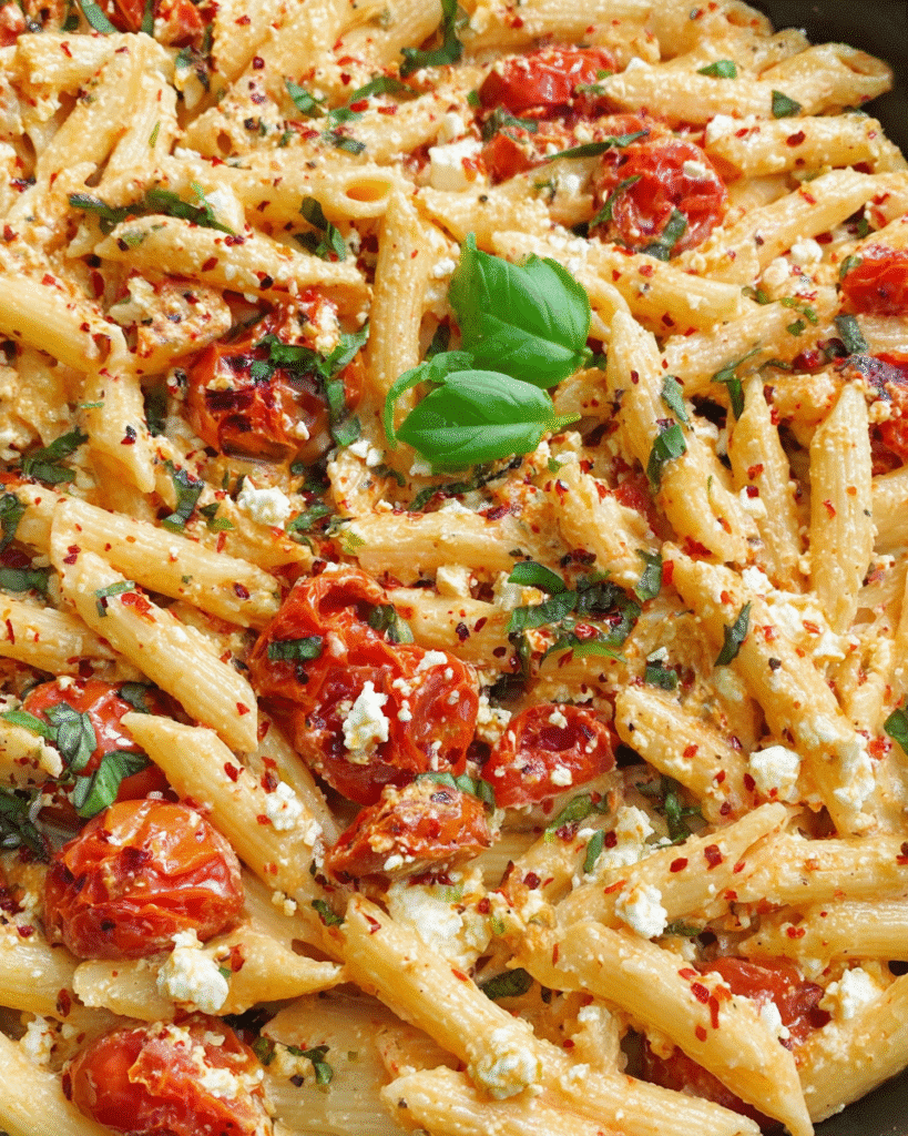 Creamy baked feta pasta with roasted cherry tomatoes and fresh basil