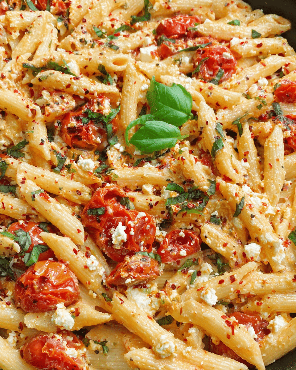 Creamy baked feta pasta with roasted cherry tomatoes and fresh basil