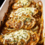 Baked French onion chicken topped with caramelized onions and melted cheese