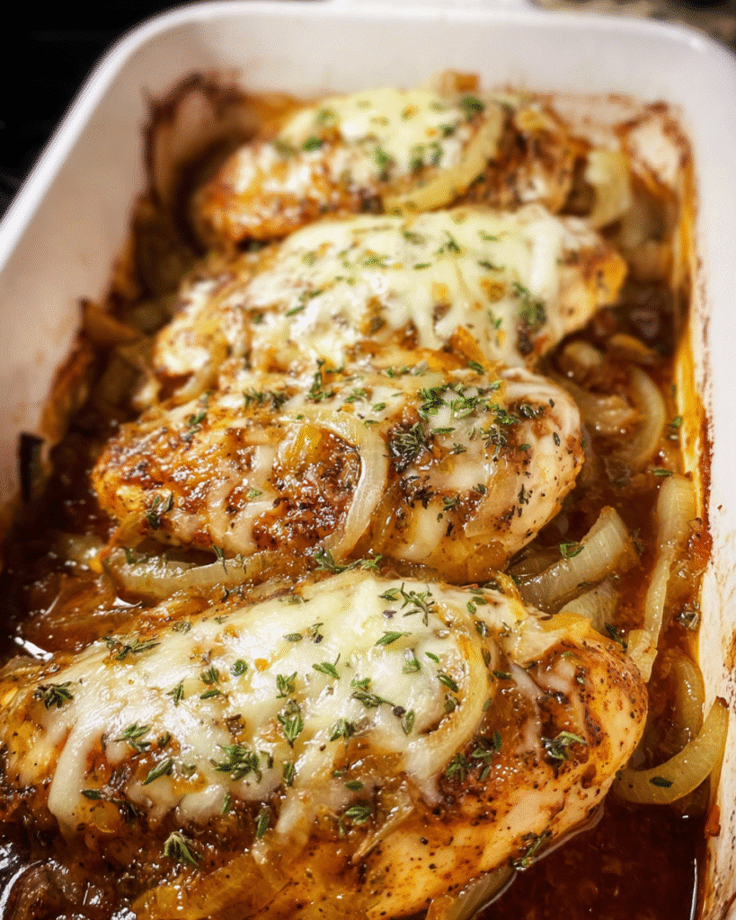 Baked French onion chicken topped with caramelized onions and melted cheese