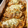 Baked French onion chicken topped with caramelized onions and melted cheese