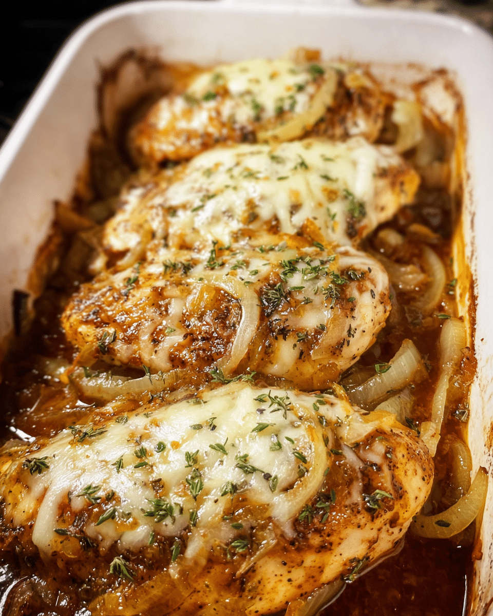 Baked French onion chicken topped with caramelized onions and melted cheese