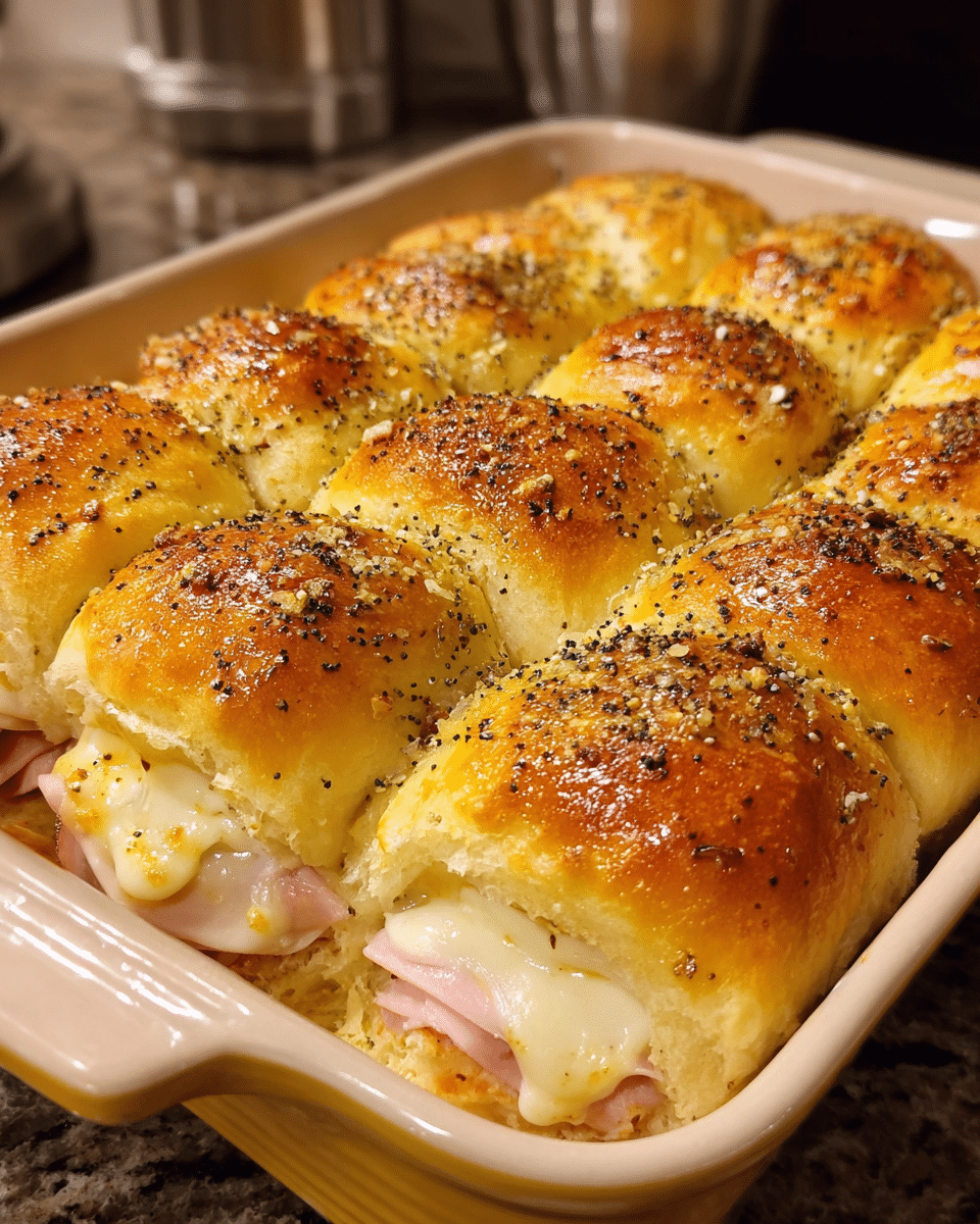 Freshly baked turkey and Swiss cheese sliders with buttery poppy seed topping