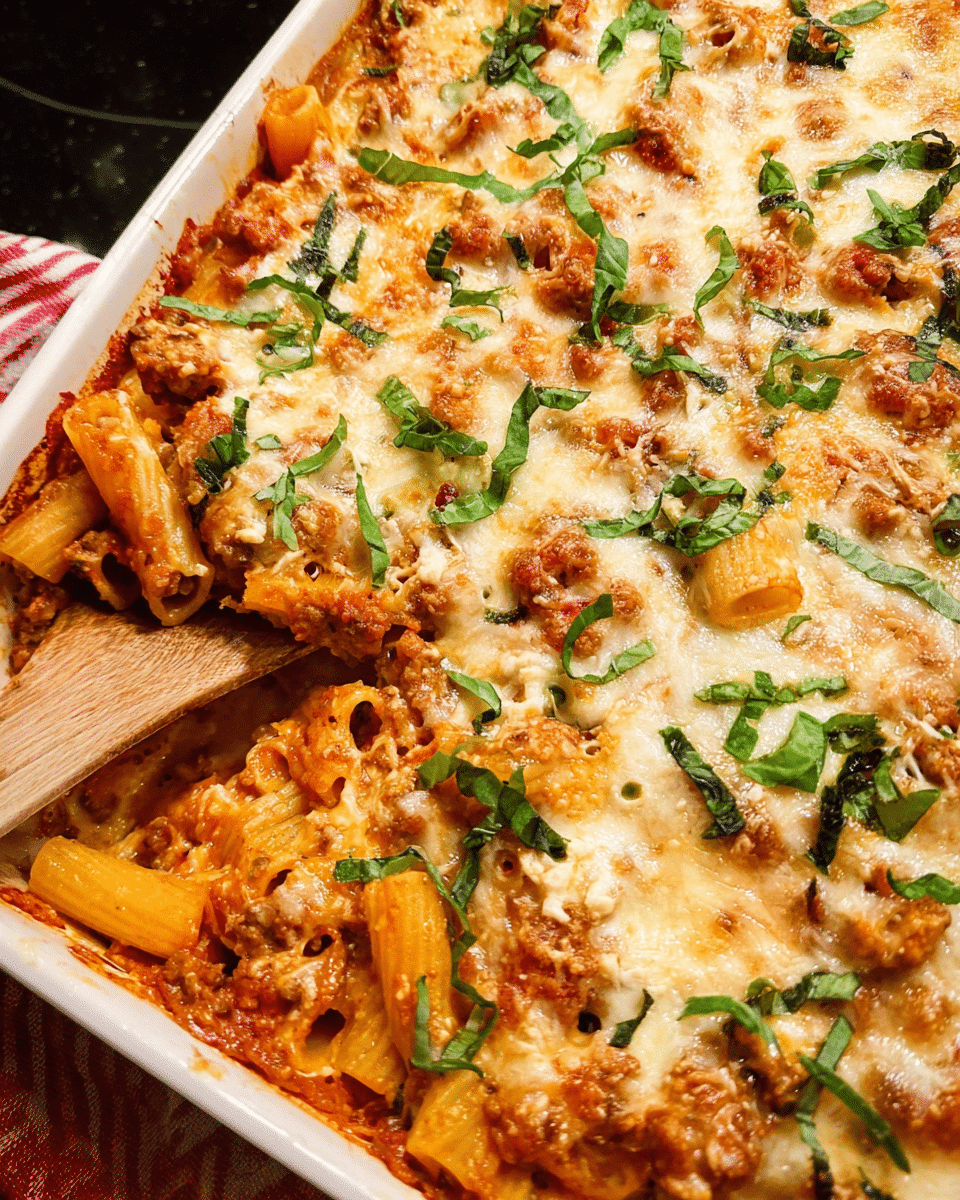 Cheesy baked Italian sausage pasta with marinara and basil