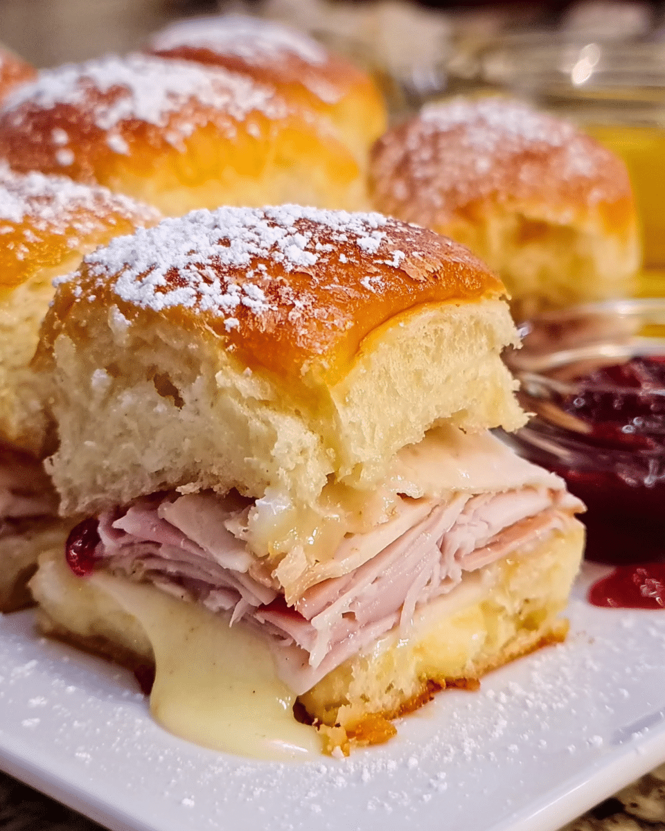 Golden baked Monte Cristo sliders topped with powdered sugar