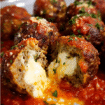 Baked mozzarella stuffed meatballs served with marinara sauce and spaghetti
