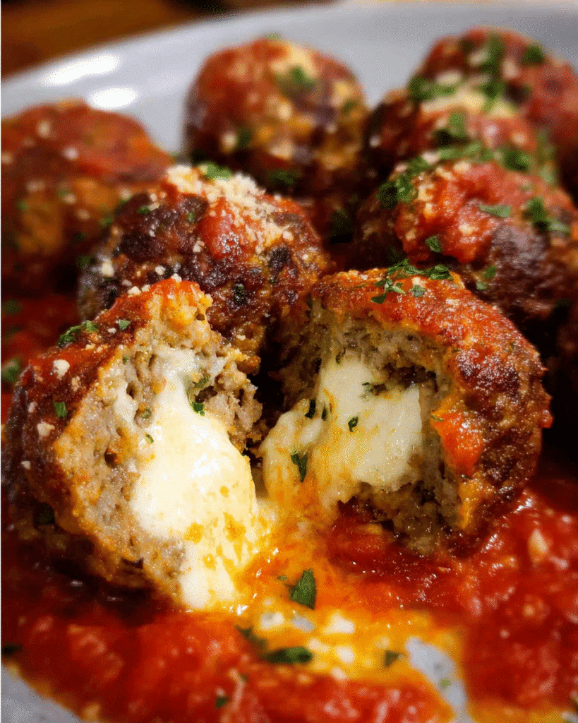 Baked mozzarella stuffed meatballs served with marinara sauce and spaghetti