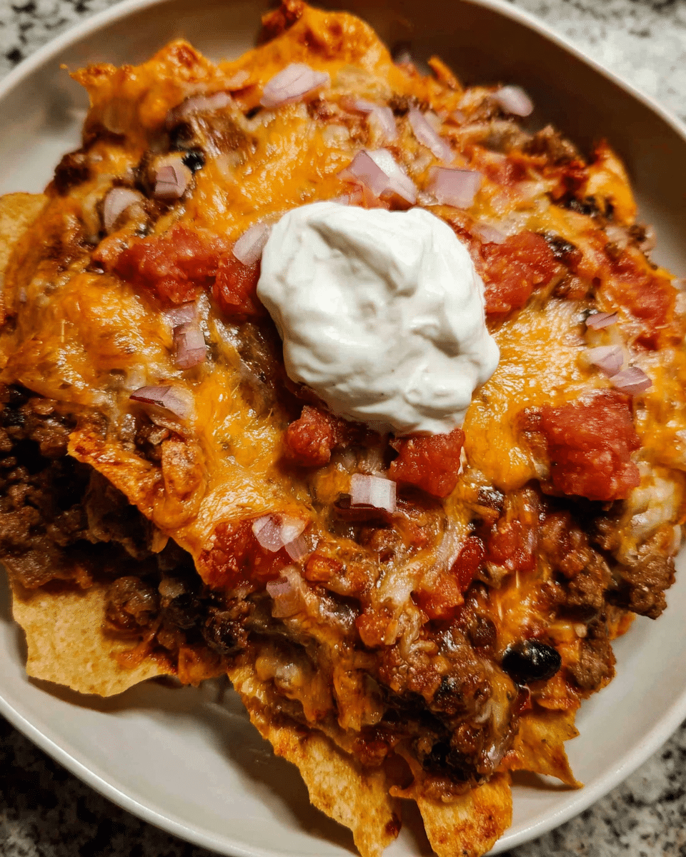 Cheesy baked nacho casserole topped with melted Mexican cheese and tortilla chips