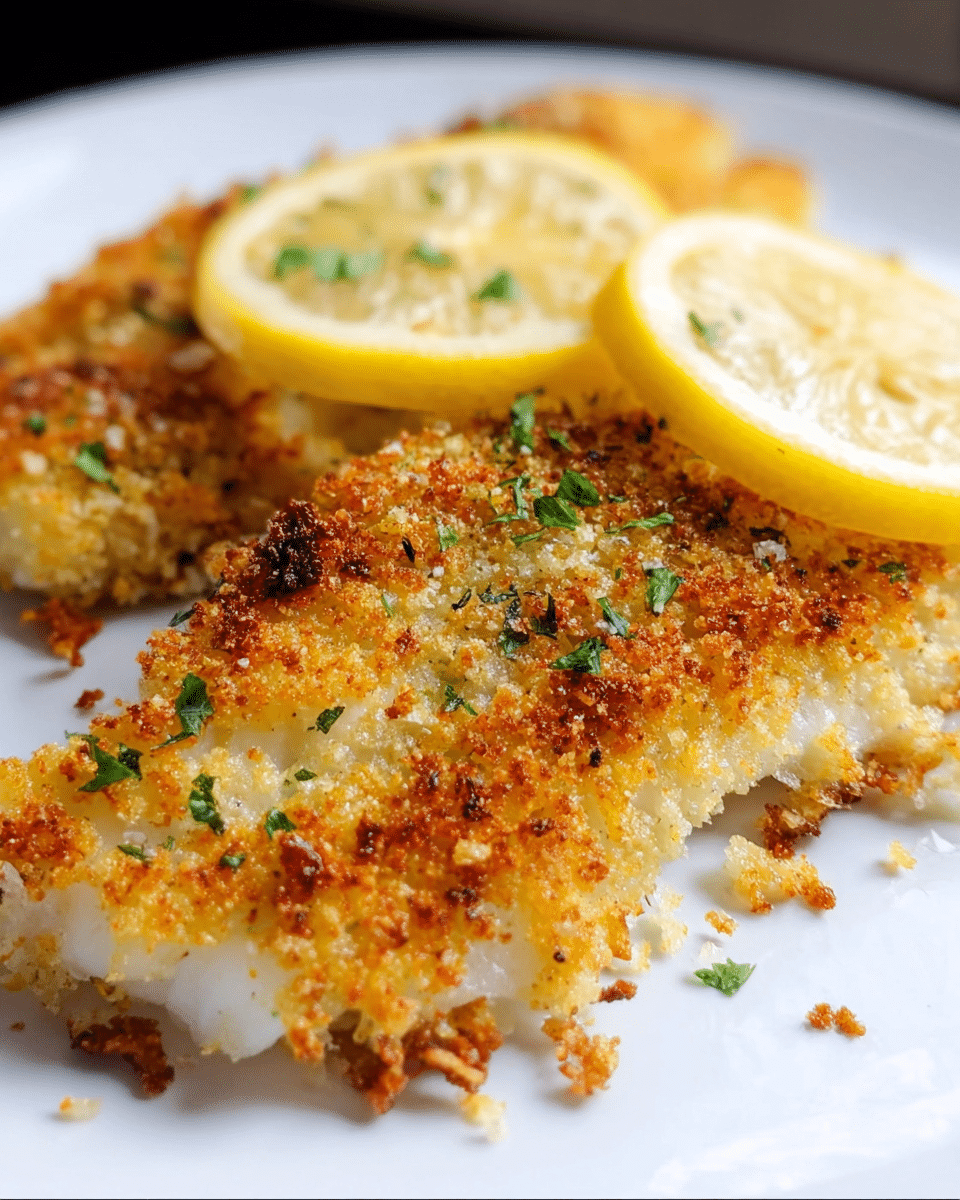 Golden baked white fish with crispy Parmesan breadcrumb topping
