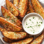 Crispy baked parmesan potato wedges served with dipping sauce