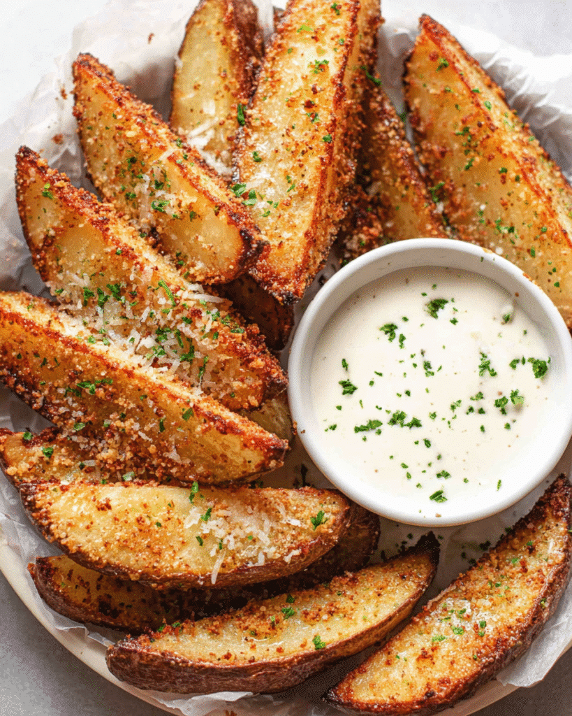 Crispy baked parmesan potato wedges served with dipping sauce