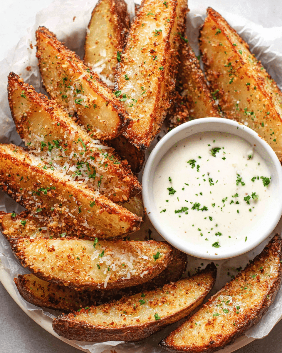 Crispy baked parmesan potato wedges served with dipping sauce