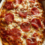 Baked pepperoni pasta casserole topped with melted mozzarella and crispy pepperoni