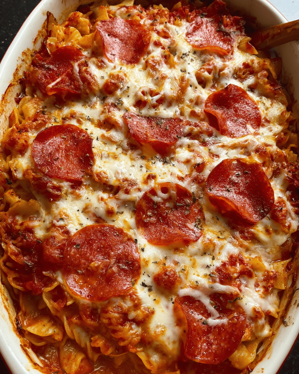Baked pepperoni pasta casserole topped with melted mozzarella and crispy pepperoni