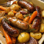 Baked sausage and potato casserole with roasted vegetables and gravy