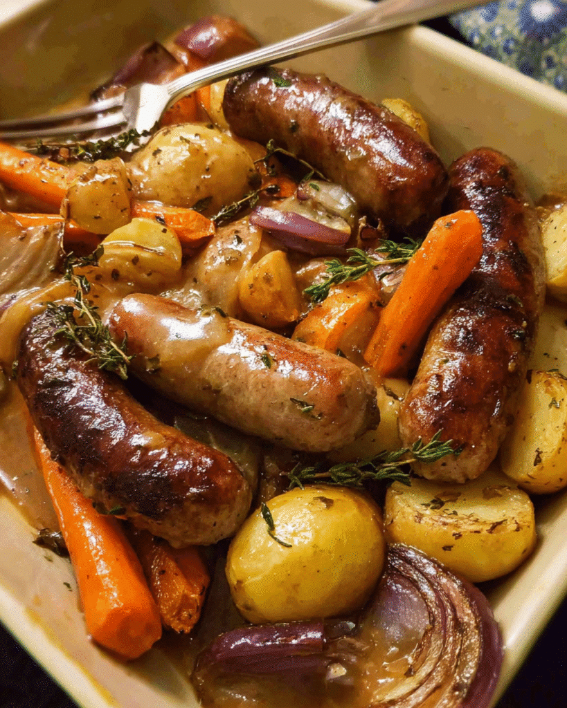Baked sausage and potato casserole with roasted vegetables and gravy