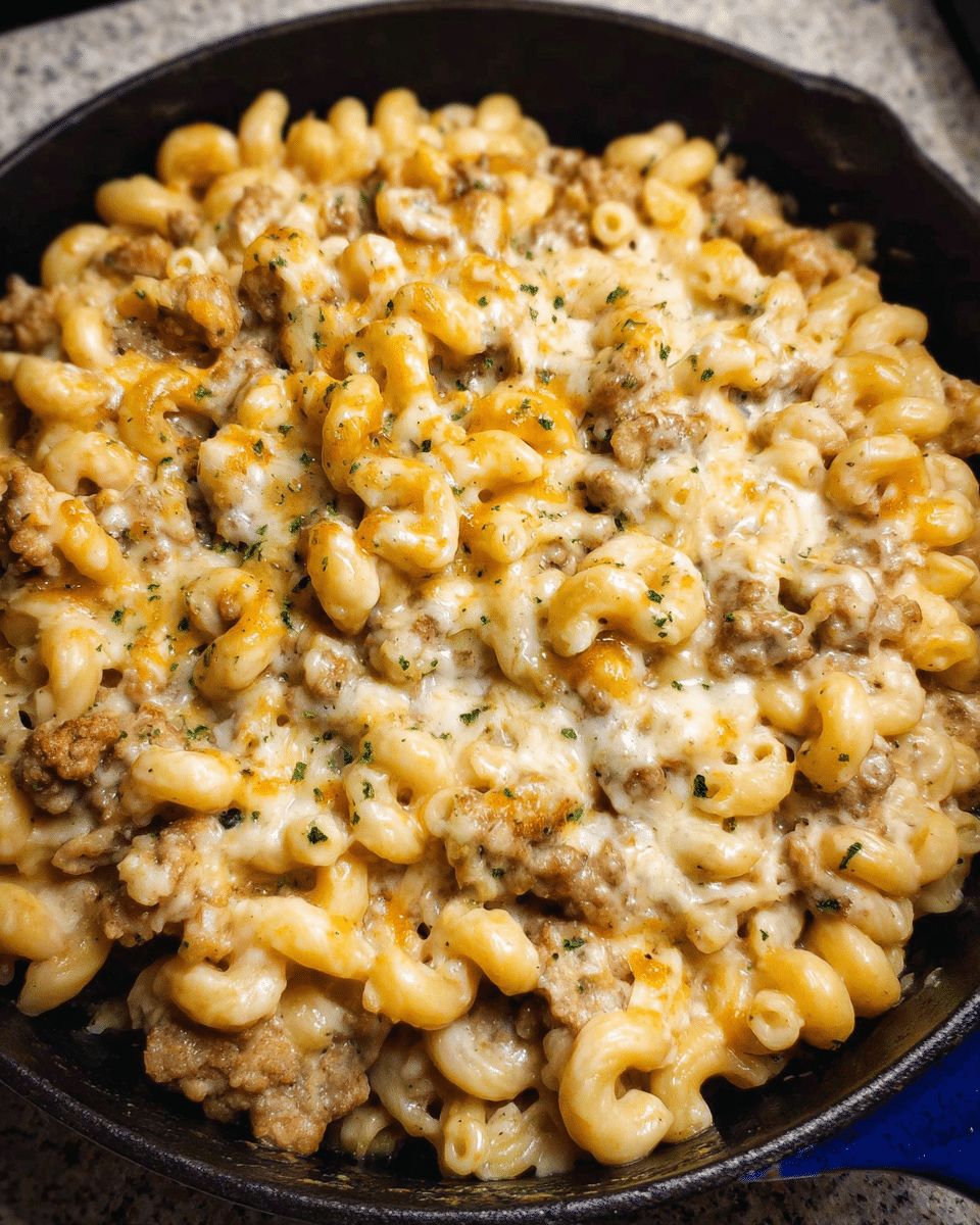 Creamy baked sausage mac casserole served fresh with melted cheese