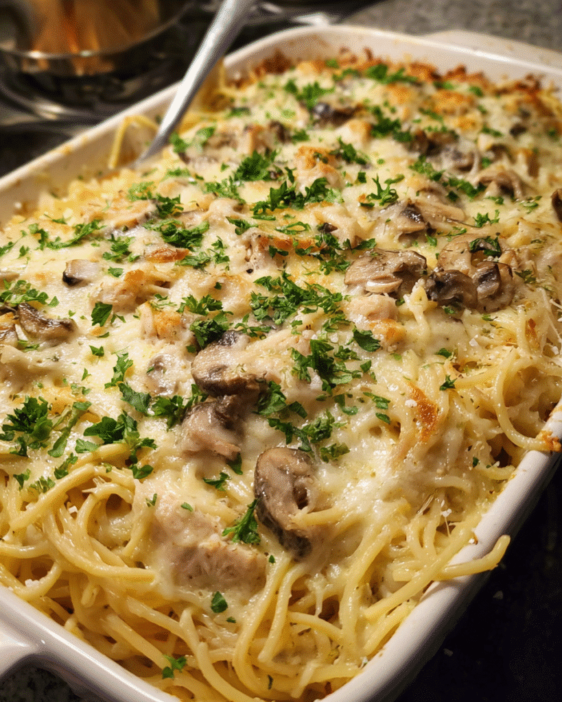 Creamy baked turkey tetrazzini casserole served warm with Parmesan cheese
