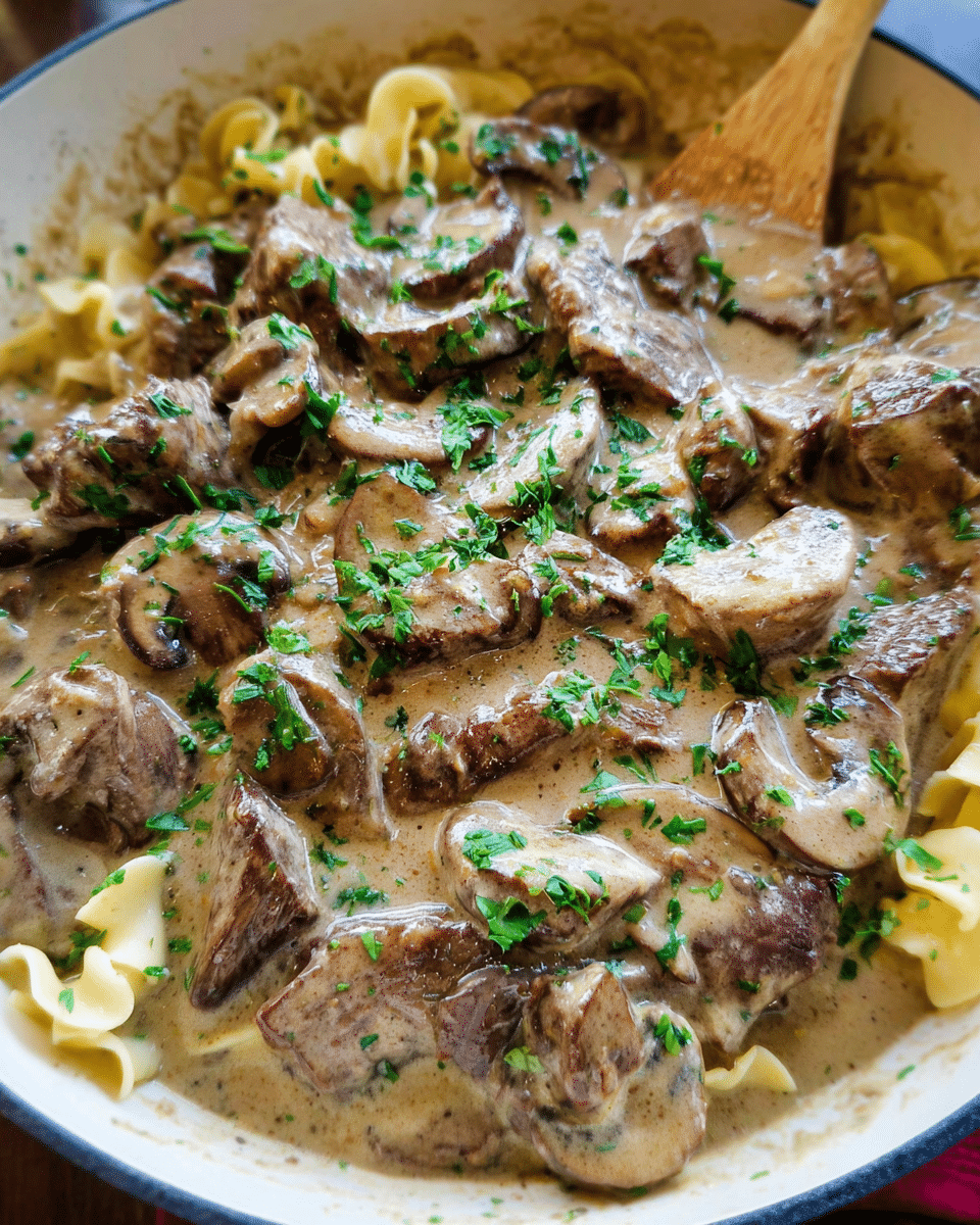Creamy beef stroganoff with mushrooms served over egg noodles