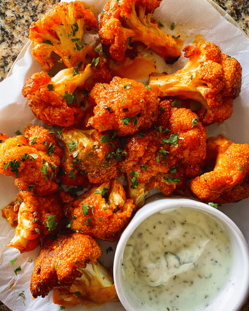 Crispy buffalo cauliflower wings served with ranch dipping sauce