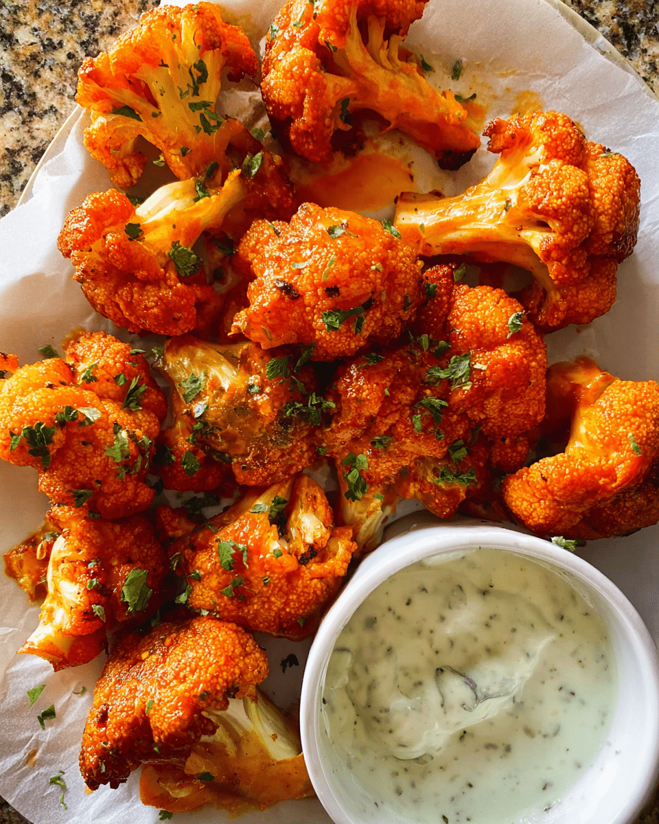 Crispy buffalo cauliflower wings served with ranch dipping sauce
