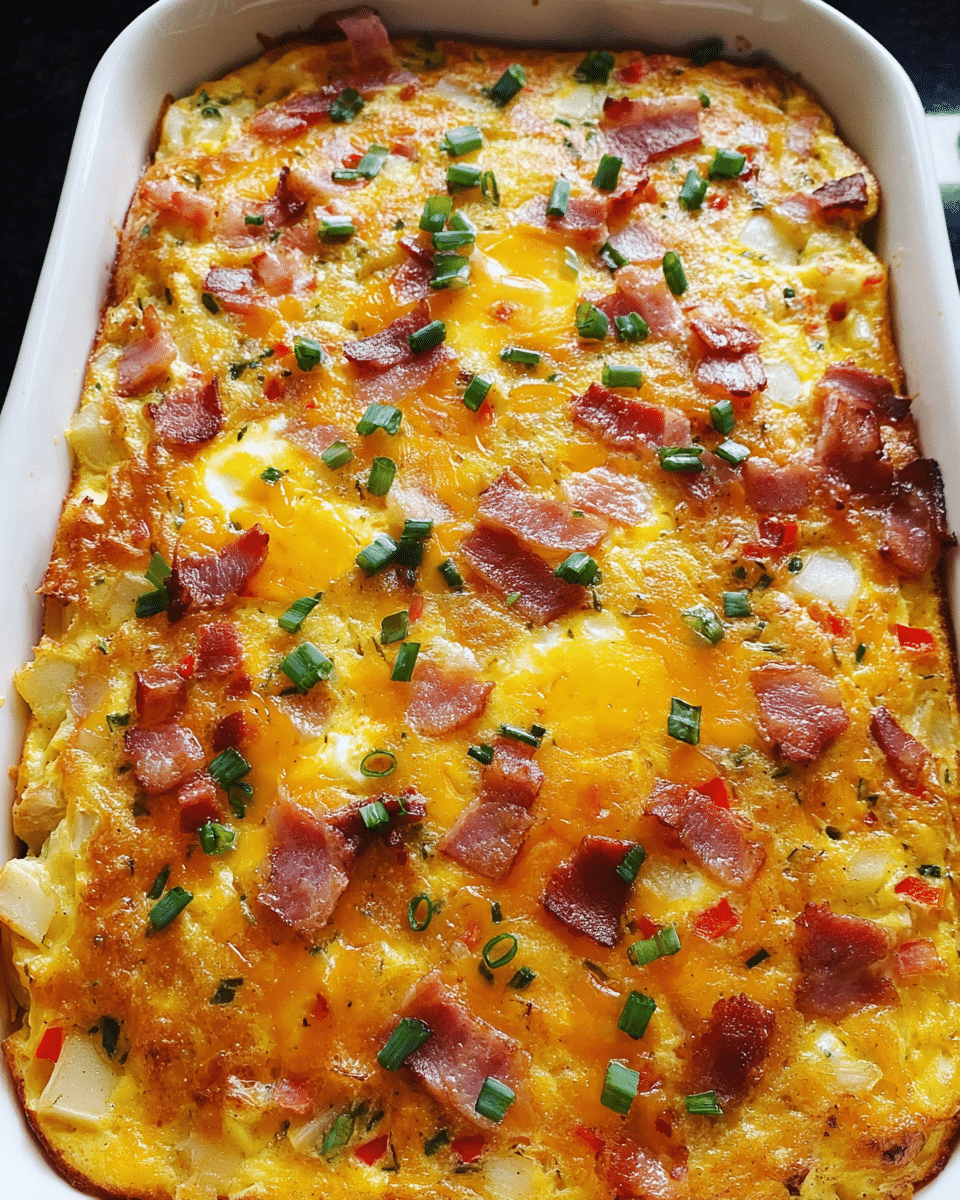 Cheesy bacon breakfast casserole baked with eggs, potatoes, cheddar cheese, and turkey bacon
