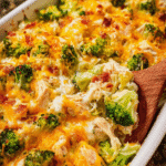 Cheesy bacon chicken ranch bake with broccoli and melted cheddar cheese