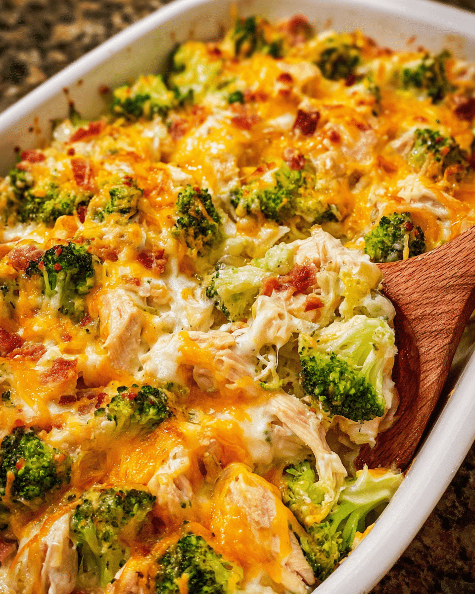 Cheesy bacon chicken ranch bake with broccoli and melted cheddar cheese