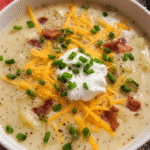 Creamy cheesy bacon potato chowder topped with cheddar cheese and chives