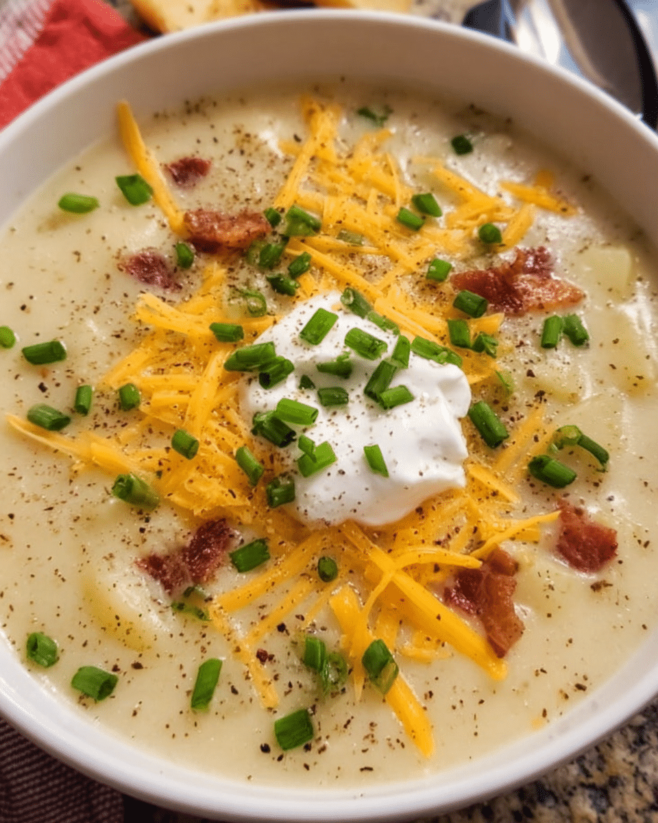 Creamy cheesy bacon potato chowder topped with cheddar cheese and chives