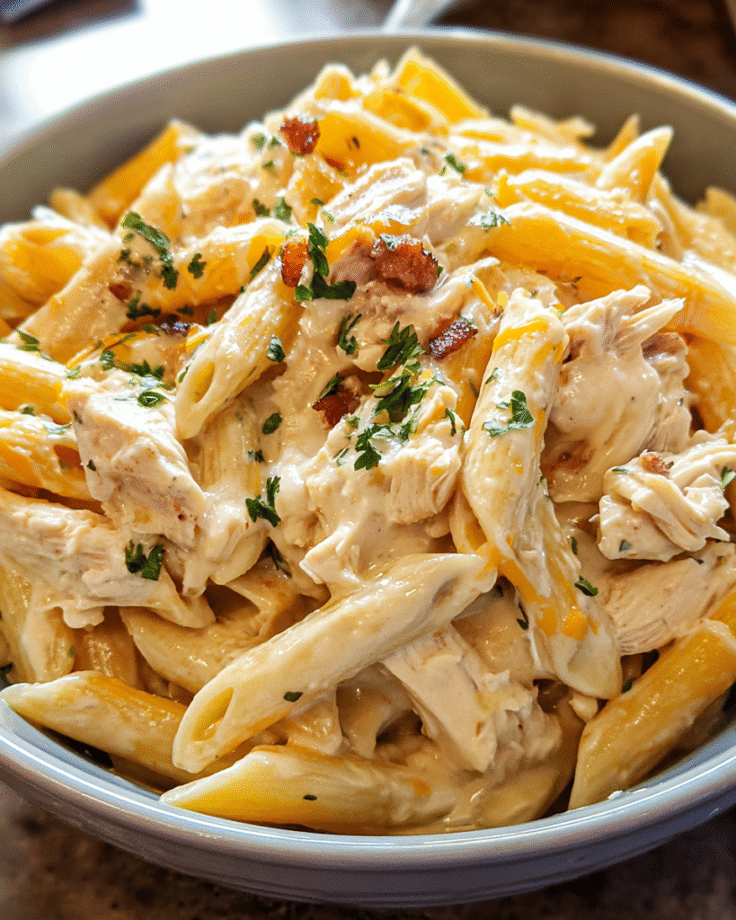 Creamy cheesy bacon ranch pasta with chicken and cheddar cheese