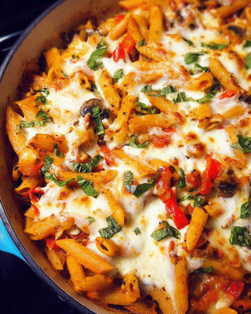 cheesy baked vegetable pasta fresh out of oven