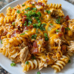 Cheesy BBQ chicken casserole baked with pasta and melted cheddar cheese
