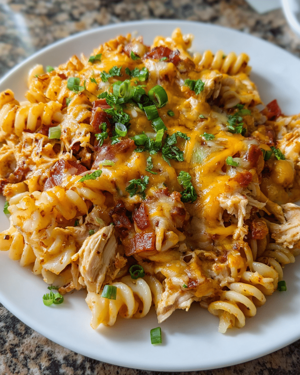 Cheesy BBQ chicken casserole baked with pasta and melted cheddar cheese