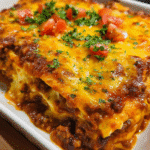 Cheesy beef enchilada casserole baked with melted cheese and corn tortillas