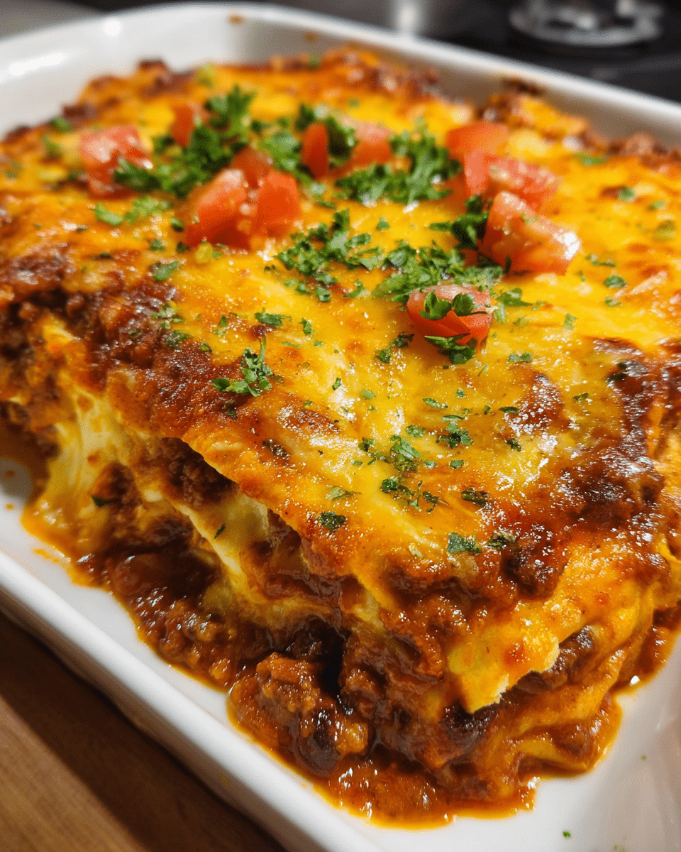 Cheesy beef enchilada casserole baked with melted cheese and corn tortillas